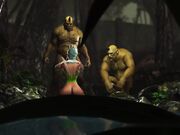 三人组一个美丽的仙女和两个兽人在夜森林